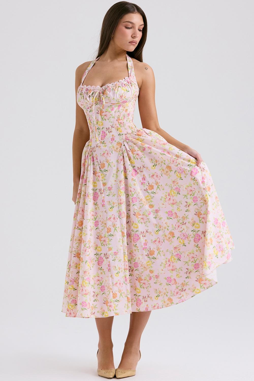 Adabella  pink meadow print cotton halter midi sundress Product Image