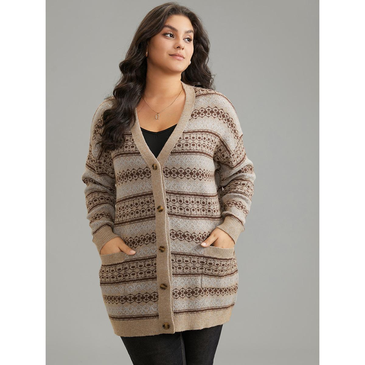 Plus Size Supersoft Essentials Geometric Pocket Jacquard Cardigan Tan Women Casual Loose Long Sleeve Everyday Cardigans BloomChic 14-16/1X Product Image