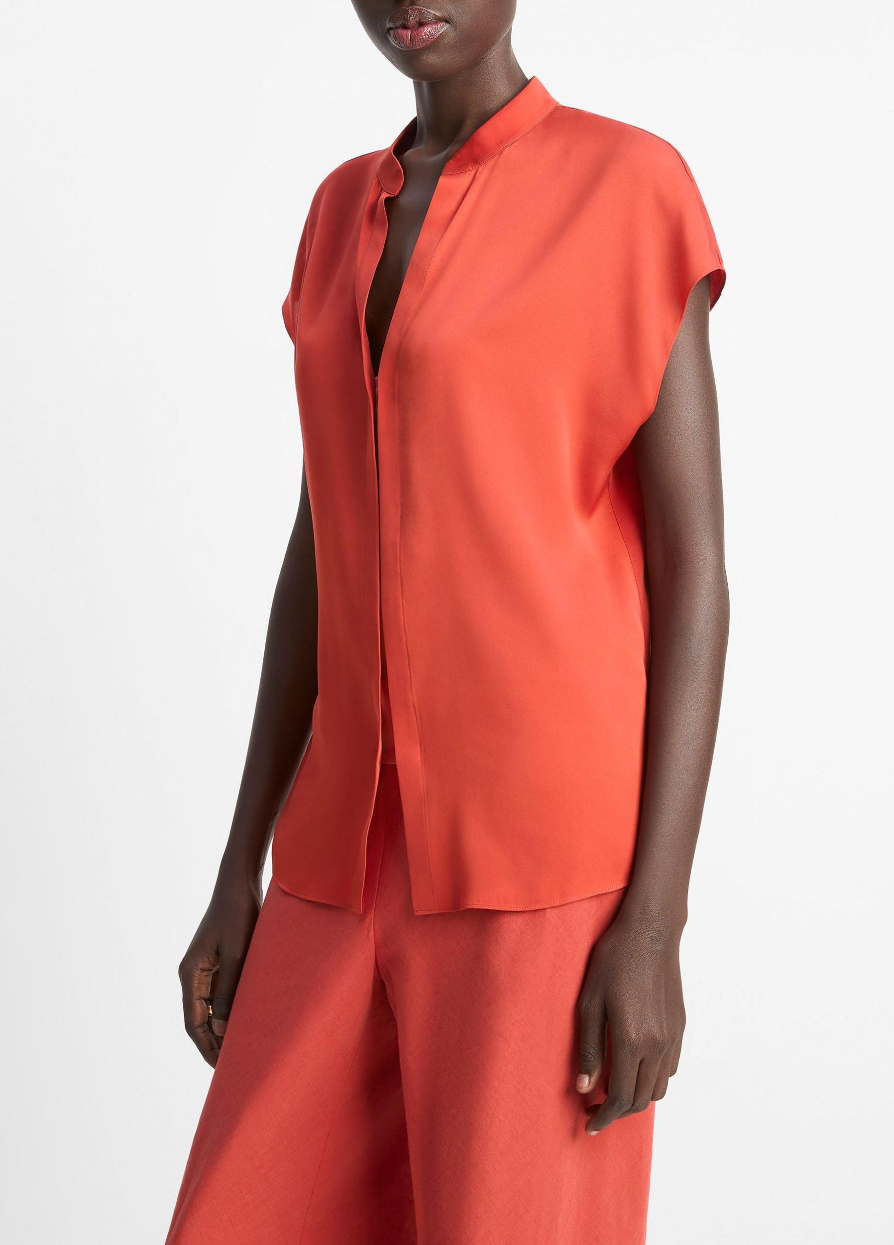 Contrast-Placket Stretch-Silk Cap-Sleeve Blouse Product Image