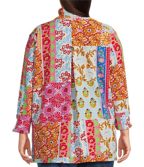Calessa Plus Size Printed Ruffled Stand Collar Long Sleeve Button Front Tunic Product Image
