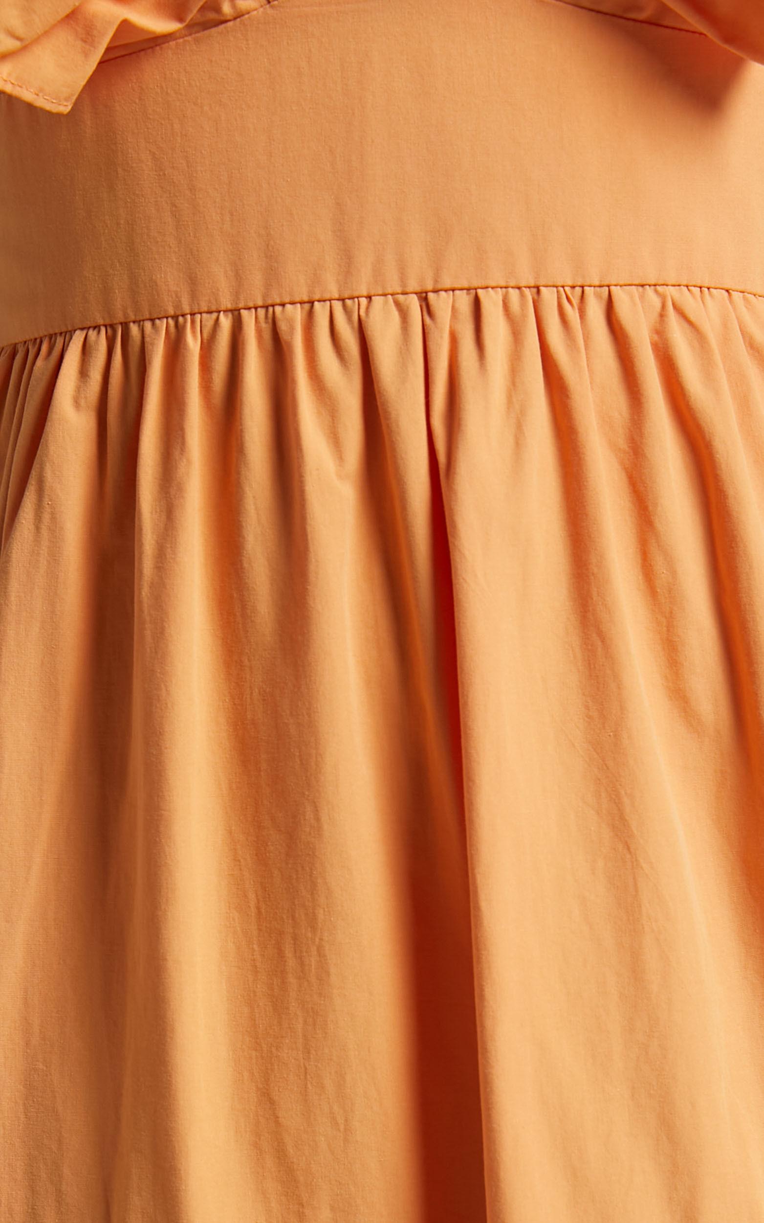 Levona Midi Dress - Ruffle Shoulder Tiered Dress in Orange Product Image