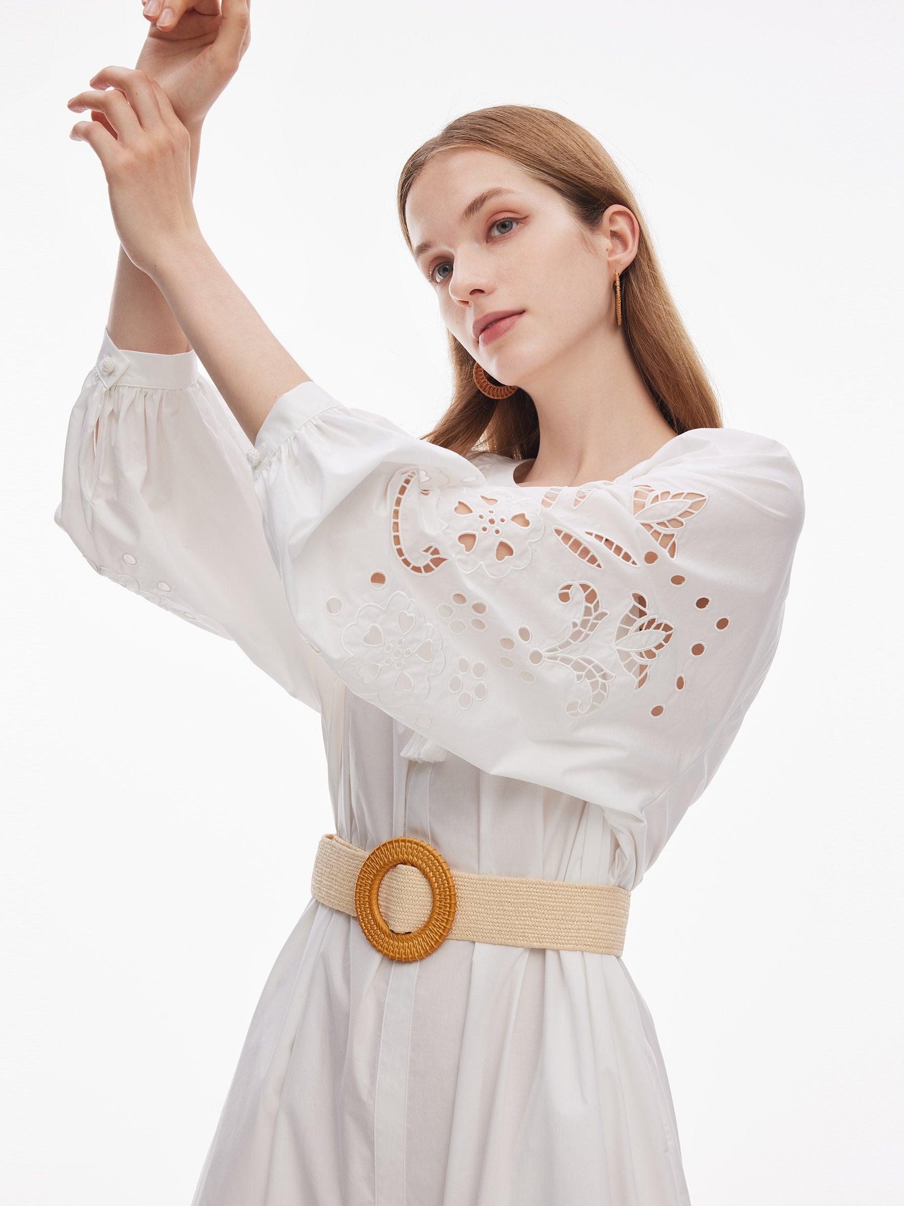 100% Cotton Embroidered Women Long Sleeve Maxi Dress Product Image