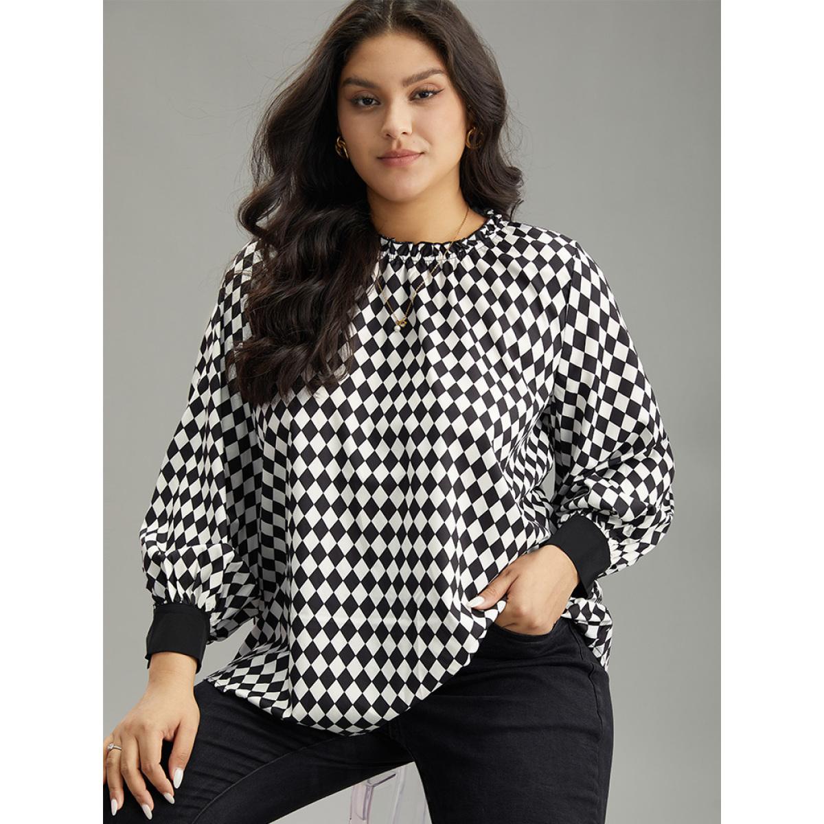 Plus Size Black Halloween Check Frill Trim Gathered Patchwork Blouse Women Elegant Long Sleeve Round Neck Dailywear Blouses BloomChic 22-24/3X Product Image