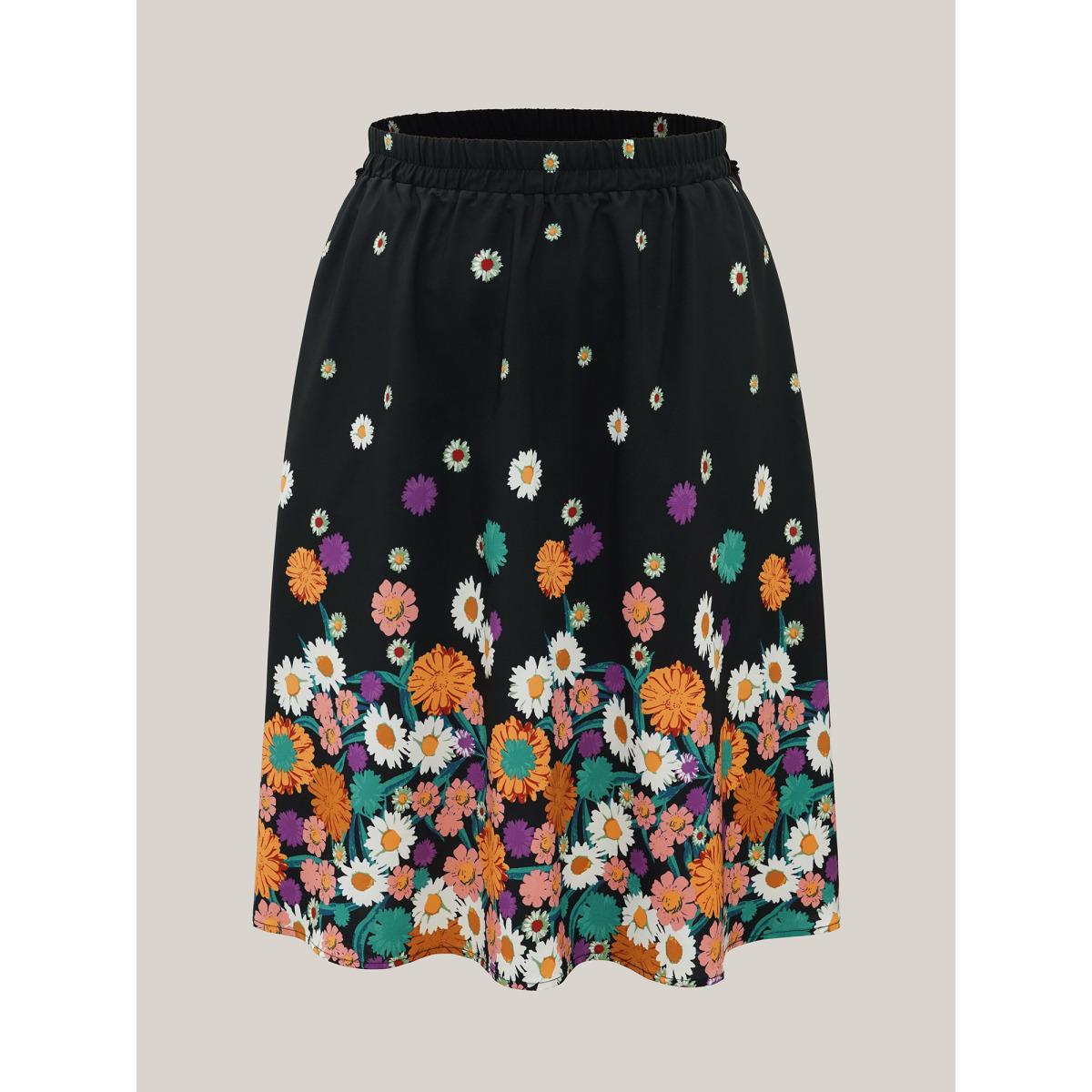 Plus Size Floral Print Pleated Midi Skirt Women BlackFlower Elegant Contrast Bodycon Low stretch Slanted pocket Party Skirts BloomChic 18-20/2X Product Image
