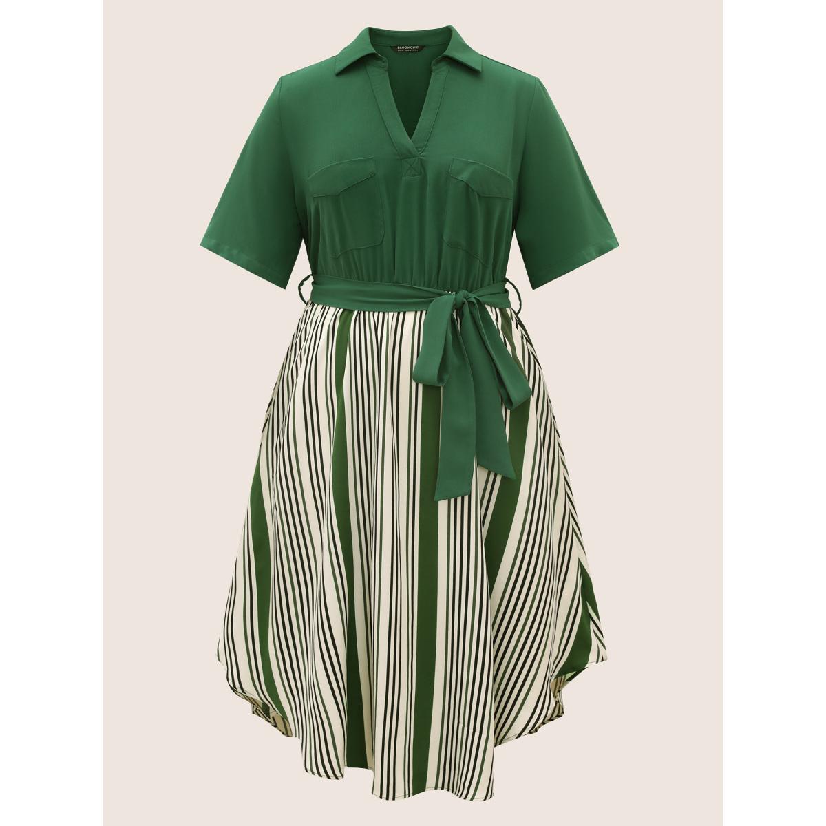 Plus Size Striped Patchwork Belted Patched Pocket Dress Truegreen Women At the Office Belted Shirt collar Half Sleeve Curvy BloomChic 28/5X Product Image