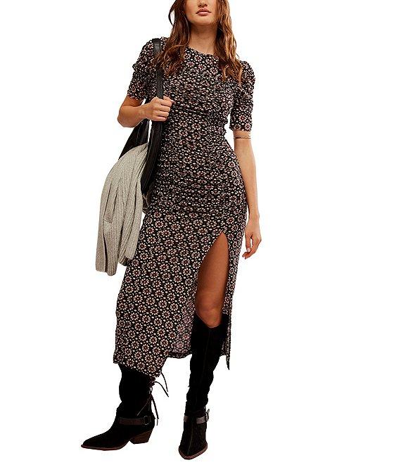 Free People Briella Floral Print Crew Neck Short Sleeve Ruched Midi Dress Product Image