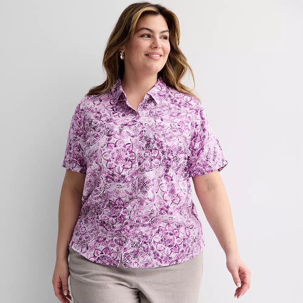 Plus Size Croft & Barrow® Camp Shirt, Women's, Size: 5XL, Purple Watercolor Tile Product Image
