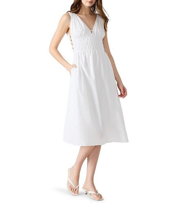 Steve Madden Kassie Bead Embellishment Smocked V-Neck Sleeveless Poplin Dress Product Image