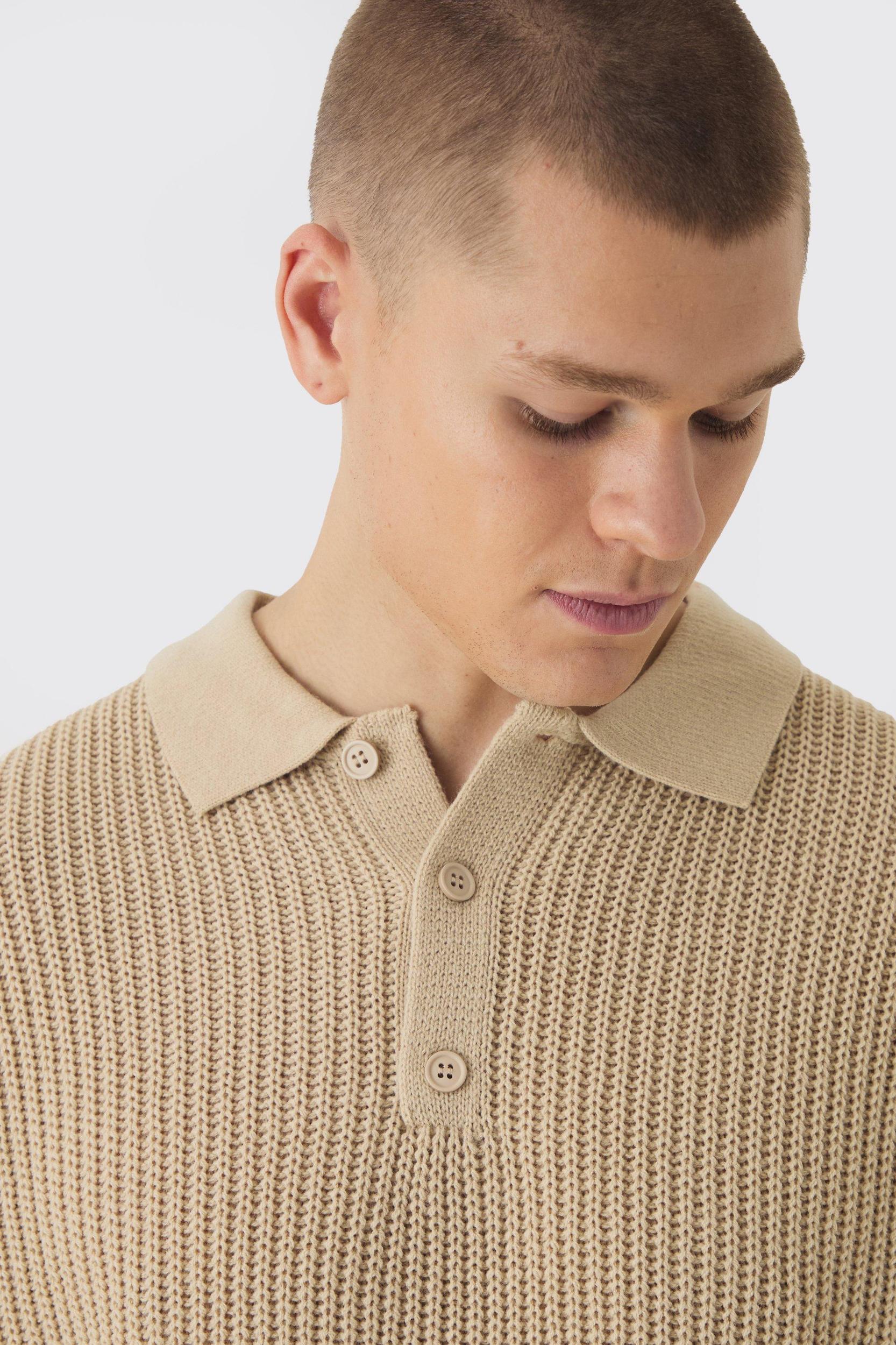 Oversized Boxy Chunky Knit Polo Sweater | boohooMAN USA Product Image