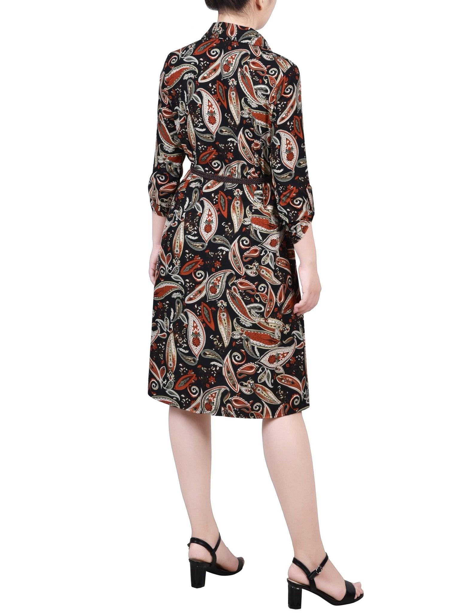 Black Paisley 3/4 Roll Tab Sleeve Shirtdress - Petite Product Image