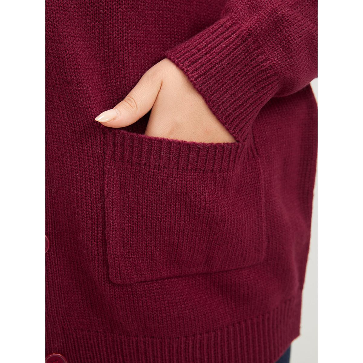 Plus Size Solid Pointelle Knit Pocket Belted Button Front Cardigan Scarlet Women Casual Loose Long Sleeve Office Cardigans BloomChic 26/4X Product Image