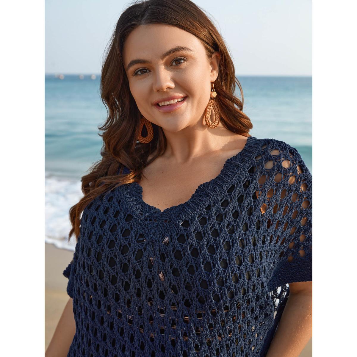 Plus Size V Neck Cut-Out Plain Textured Swim Cover Up Women's Swimwear Indigo Beach Loose Texture Curve Swim Cover Ups BloomChic 12/L Product Image