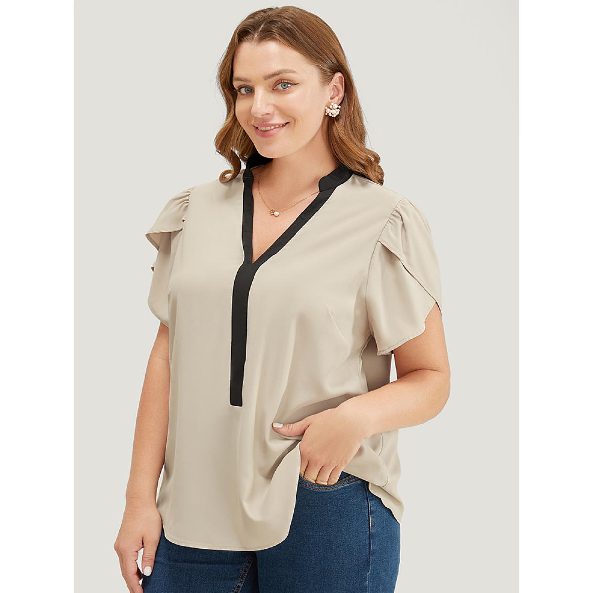 Plus Size Champagne Plain Contrast Trim Split Petal Sleeve Blouse Women Office Short sleeve Stand-up collar Dailywear Blouses BloomChic 10/M Product Image
