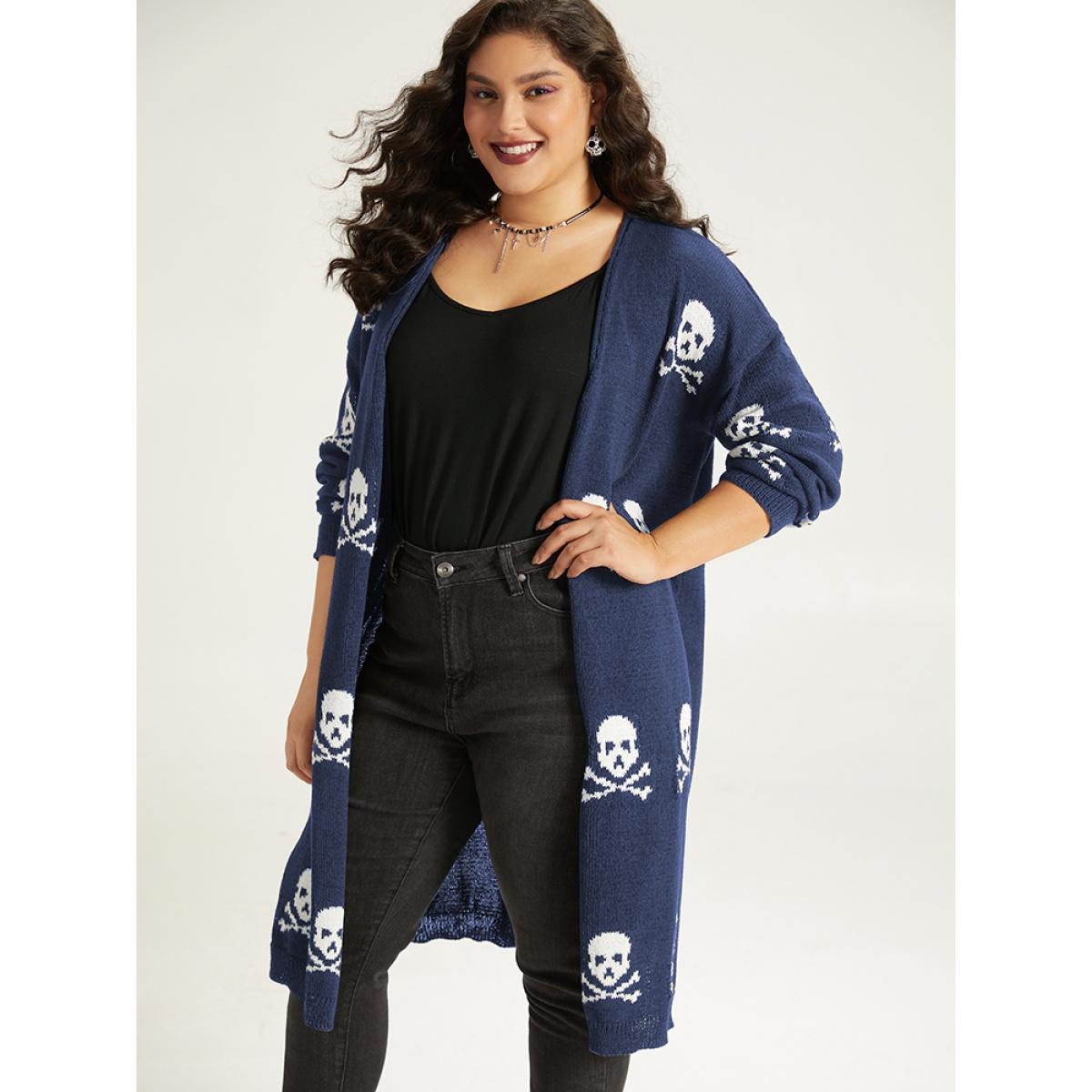 Plus Size Halloween Skull Print Split Side Drop Shoulder Maxi Cardigan Indigo Women Casual Loose Long Sleeve Festival-Halloween Cardigans BloomChic 22-24/3X Product Image