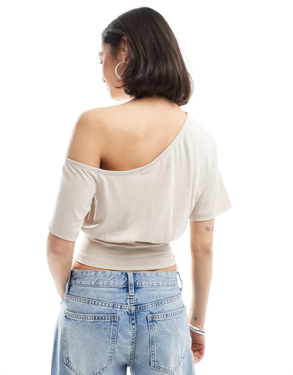 ASOS DESIGN slouchy off shoulder cinched cupro top in stone Product Image