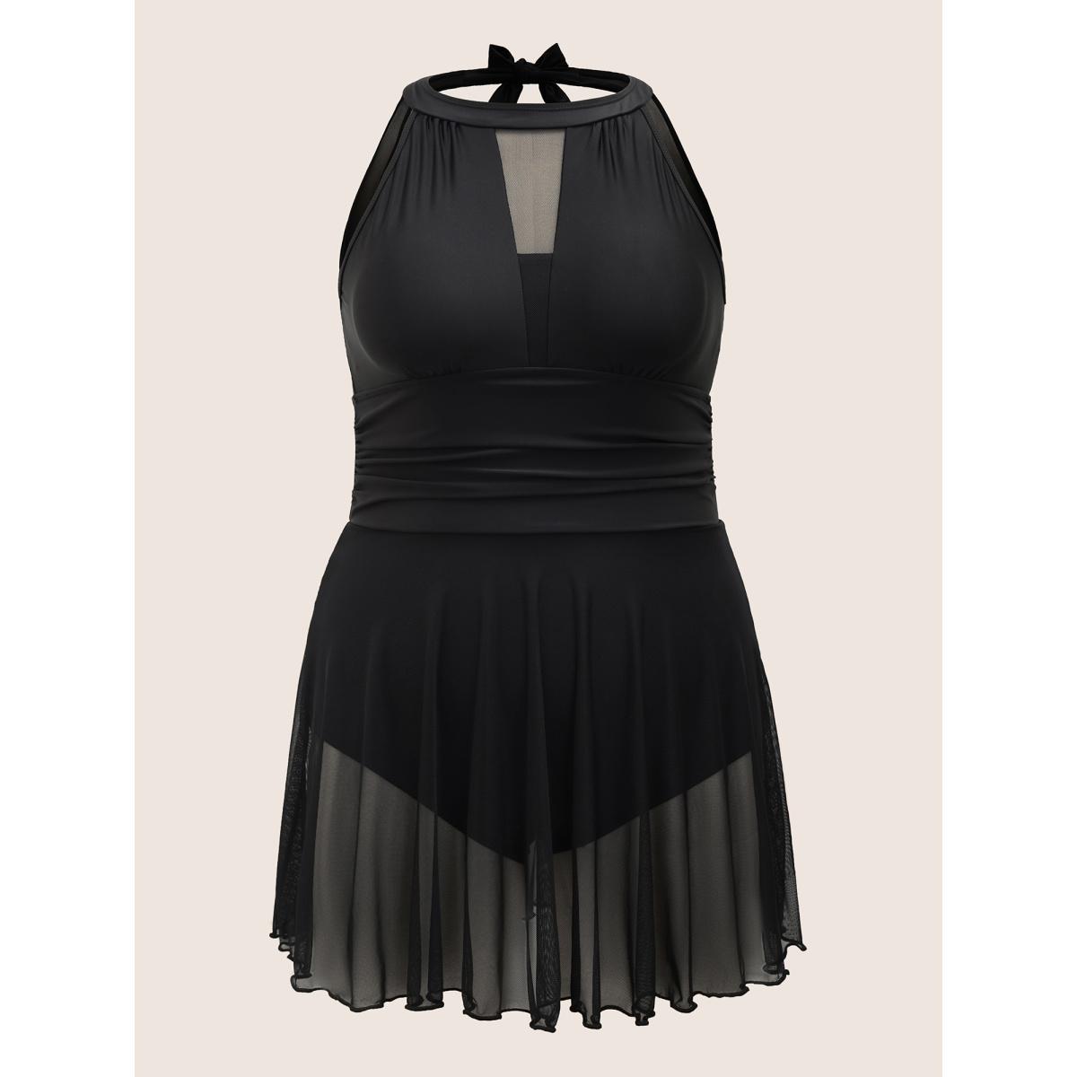 Plus Size Knotted Back Mesh Insert Halter Swim Dress Women's Swimwear Black Beach Bodycon Round Neck High stretch Curve Swim Dresses BloomChic 28/5X Product Image