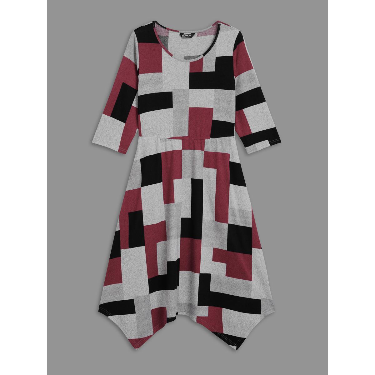 Plus Size Geometric Print Asymmetrical Hem Midi Dress Multicolor Women Casual Contrast Knit Dresses Bloomchic 10/M Product Image