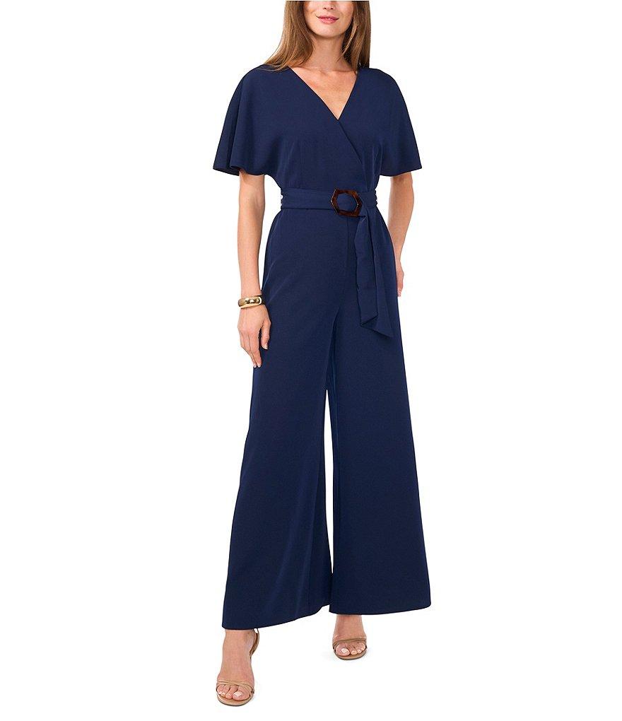 Vince Camuto Crinkle Twill V-Neck Short Sleeve Belted Wide Leg Jumpsuit Product Image