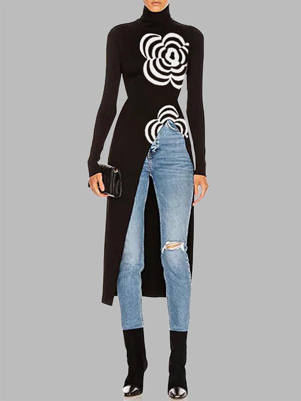 Long Sleeves Asymmetric Printed Split-Joint High Neck Pullovers Sweater Tops Product Image
