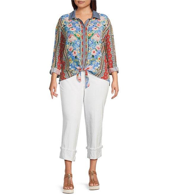 John Mark Plus Size Embroidered Multi Floral Point Collar Long Roll-Tab Sleeve Tie-Front Top Product Image