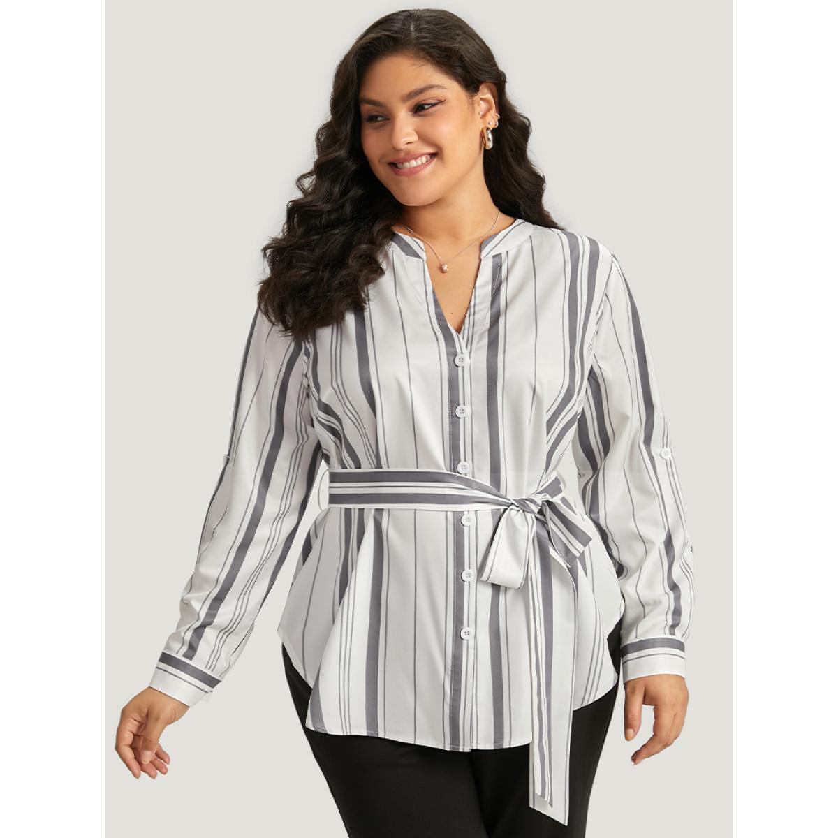 Plus Size Ivory Striped Arc Hem Belted Roll Tab Sleeve Blouse Women Office Long Sleeve V-neck Work Blouses BloomChic 14-16/1X Product Image