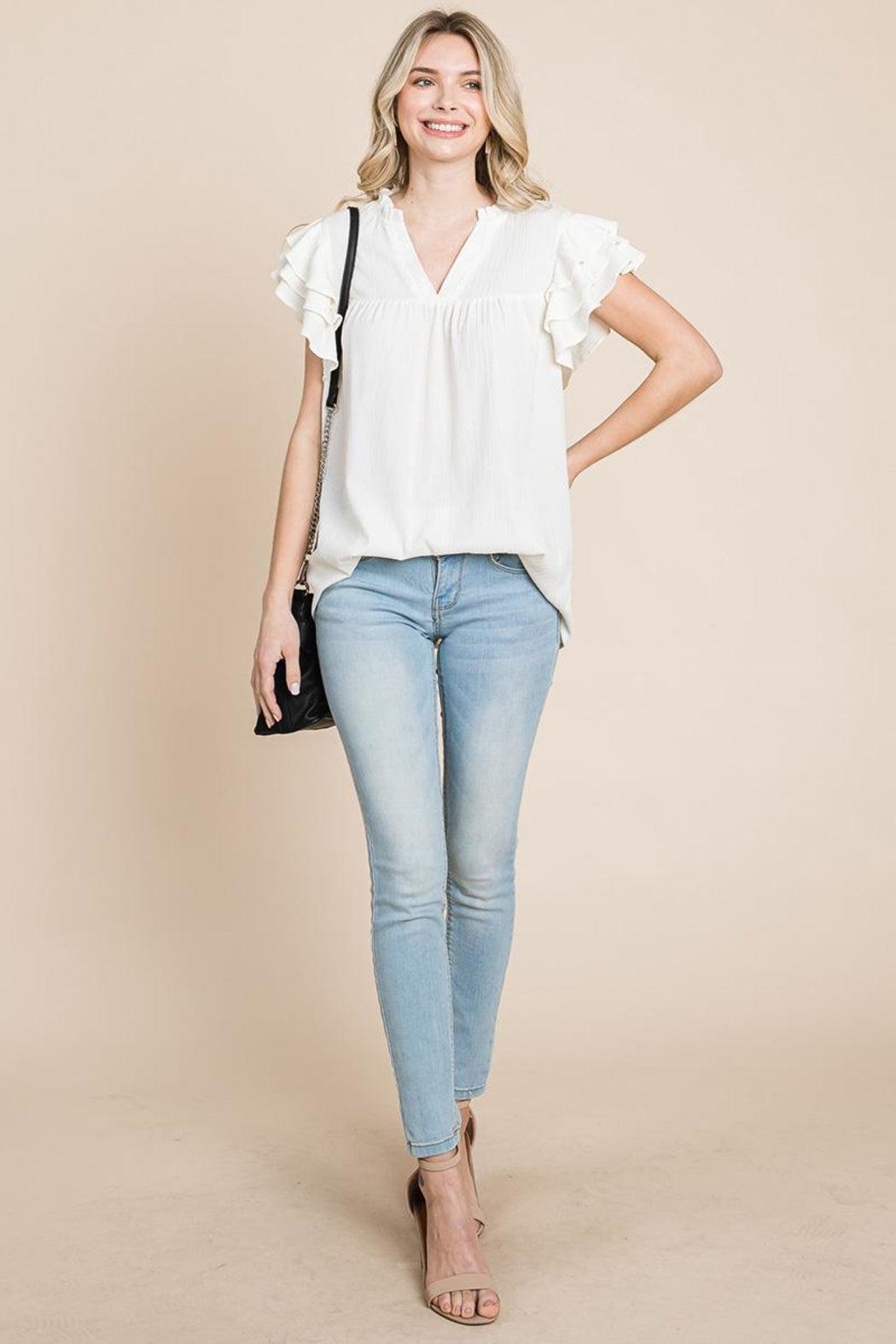V Neck Ruffle Sleeve Textured Shirts Blouses Product Image