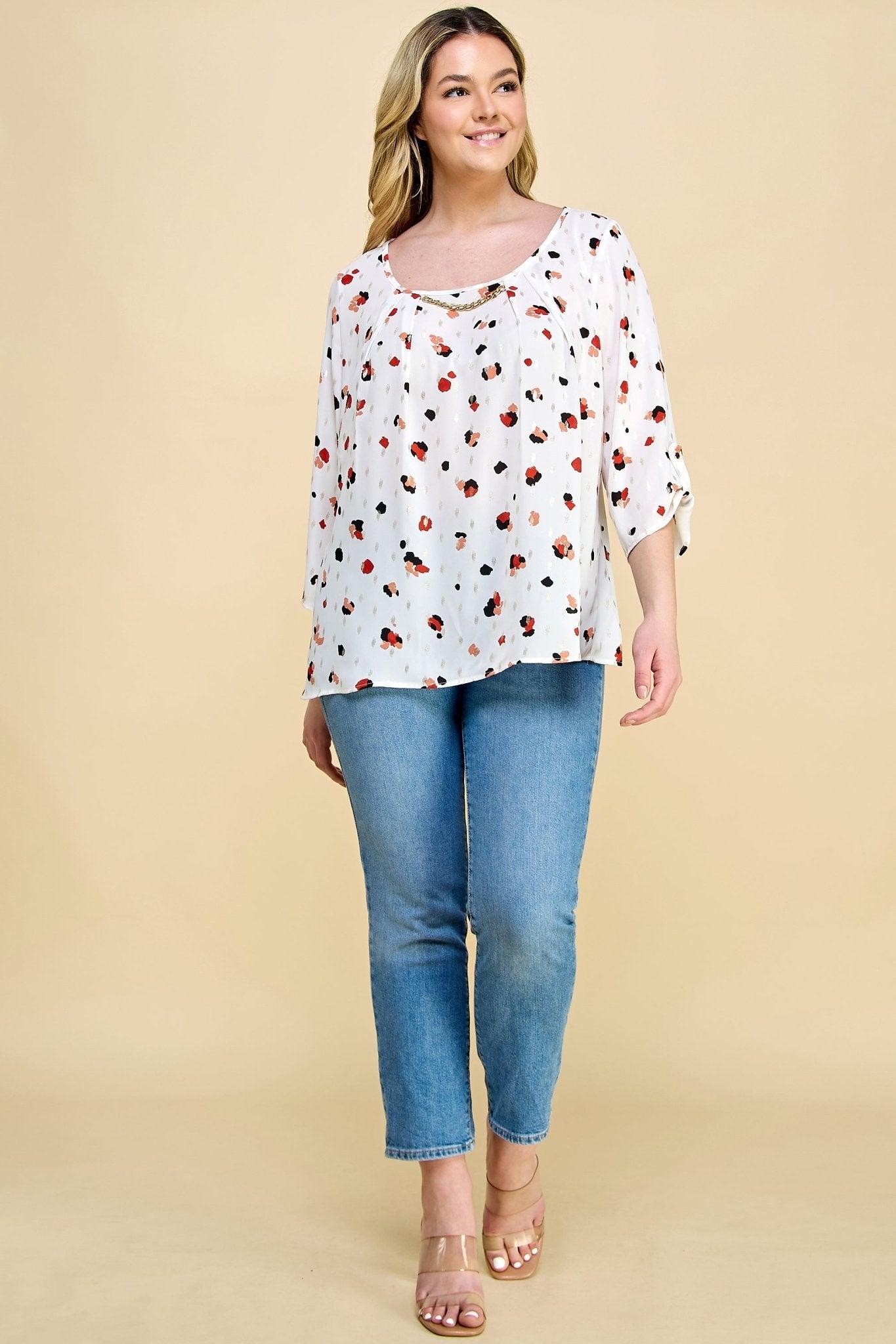 3/4 Button Cuff Sleeve 3 Button V-Neck Smock Shoulder Popover Lined Bubble Blouse - Plus Product Image