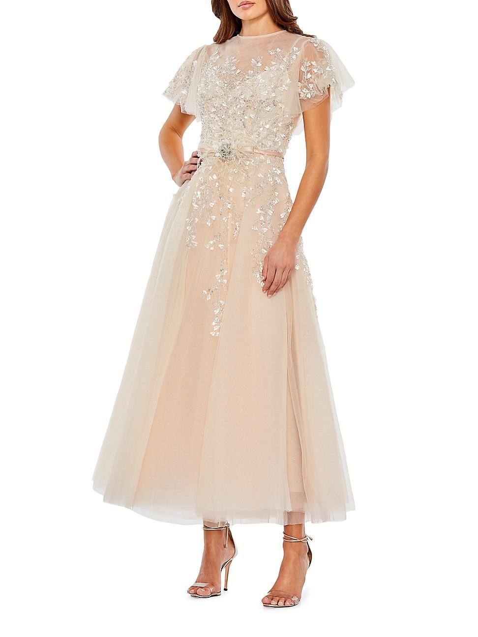 Mac Duggal Short Floral Sleeve Crew Neckline Bow Waist Tulle  A Product Image