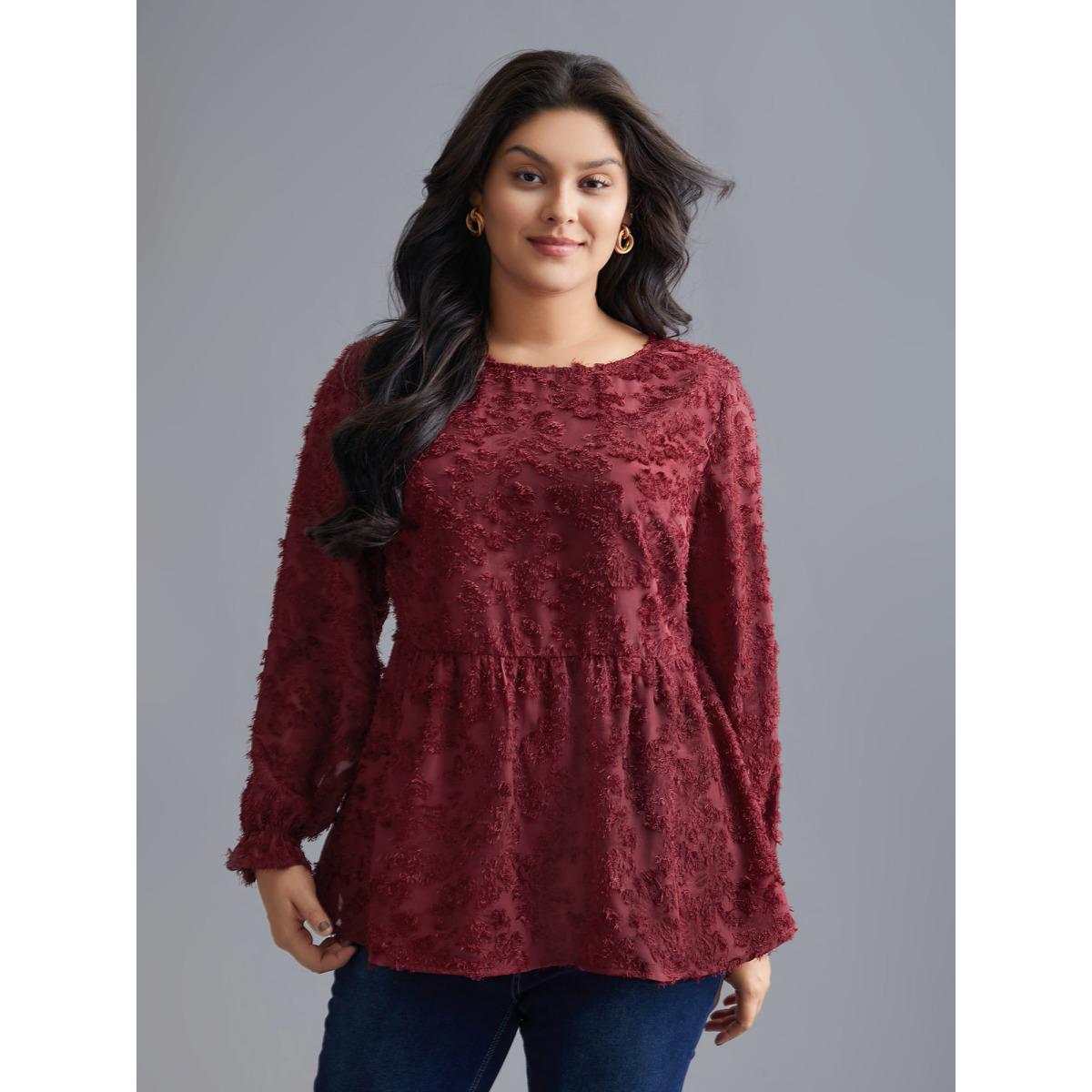 Plus Size Scarlet Round Neck Jacquard Plisse Ruched Blouse Women Elegant Long Sleeve Round Neck Everyday Blouses BloomChic 30/6X Product Image