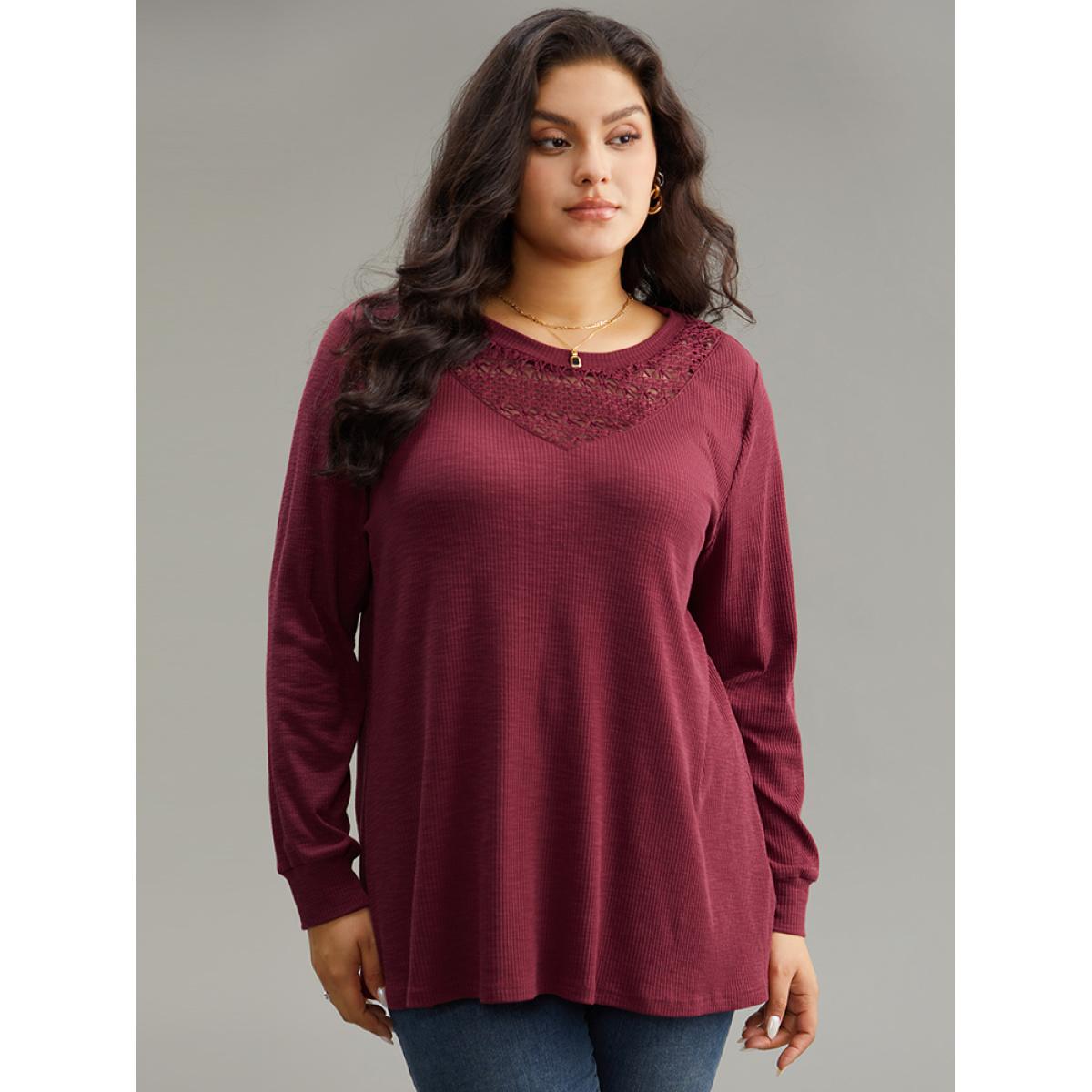 Plus Size Solid Lace Insert Crew Neck Cut Out T-shirt Burgundy Women Elegant Patchwork Plain Round Neck Dailywear T-shirts BloomChic 28/5X Product Image
