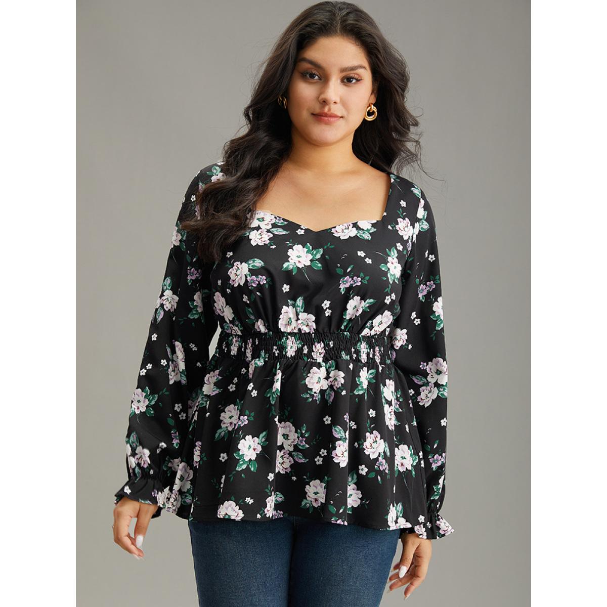 Plus Size Black Floral Square Neck Shirred Lantern Sleeve Blouse Women Elegant Long Sleeve Square Neck Dailywear Blouses BloomChic 18-20/2X Product Image
