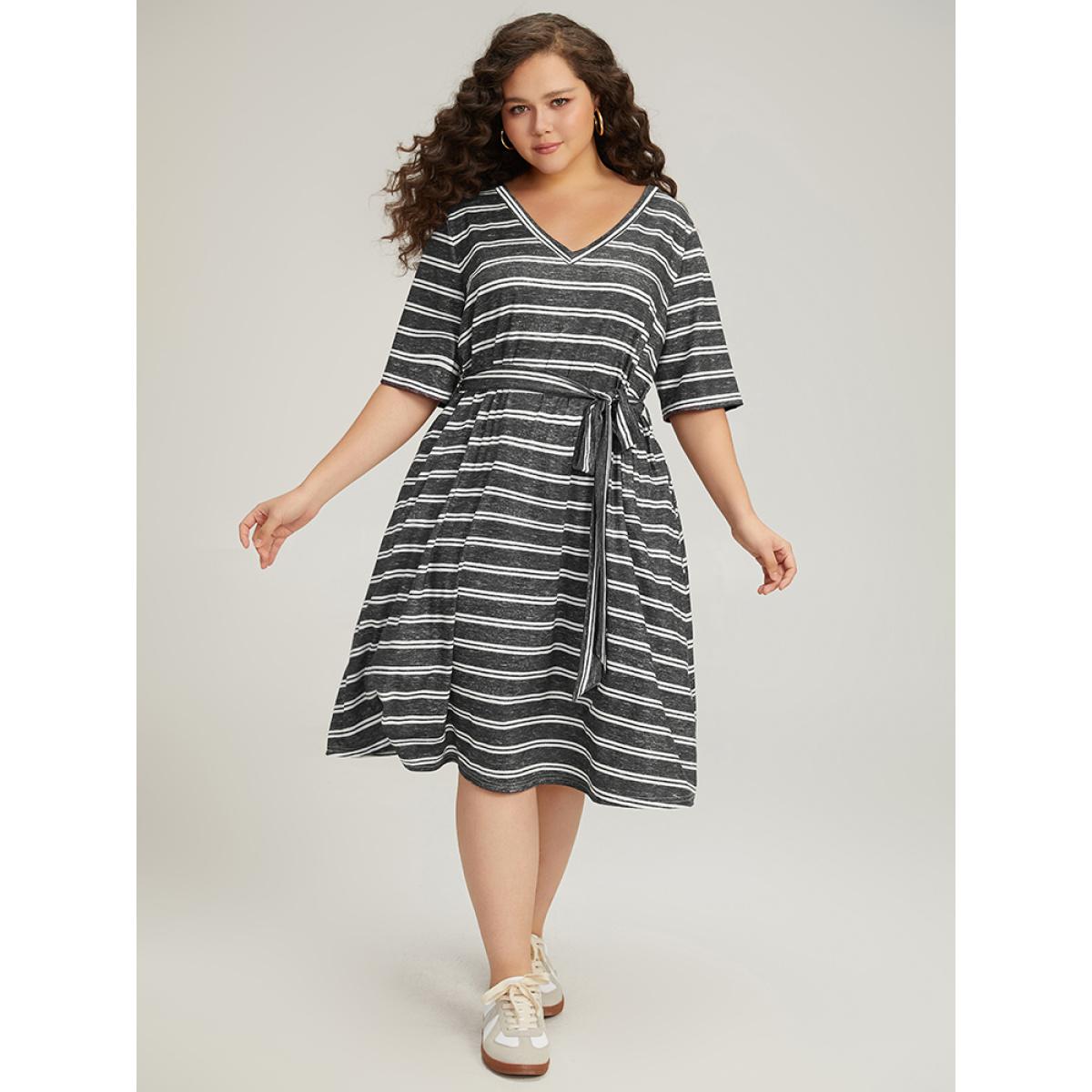 Plus Size Striped V Neck Pocket Belted Back Cut Out Dress Black Women Casual Belted V-neck Half Sleeve Curvy Midi Dress BloomChic 14-16/1X Product Image