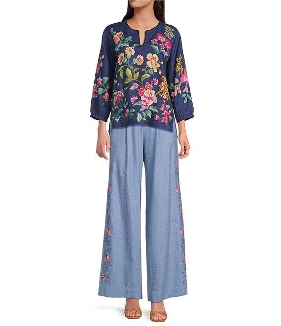 JOHNNY WAS Linen Floral Embroidered Split V-Neck 3/4 Sleeve Blouse Product Image