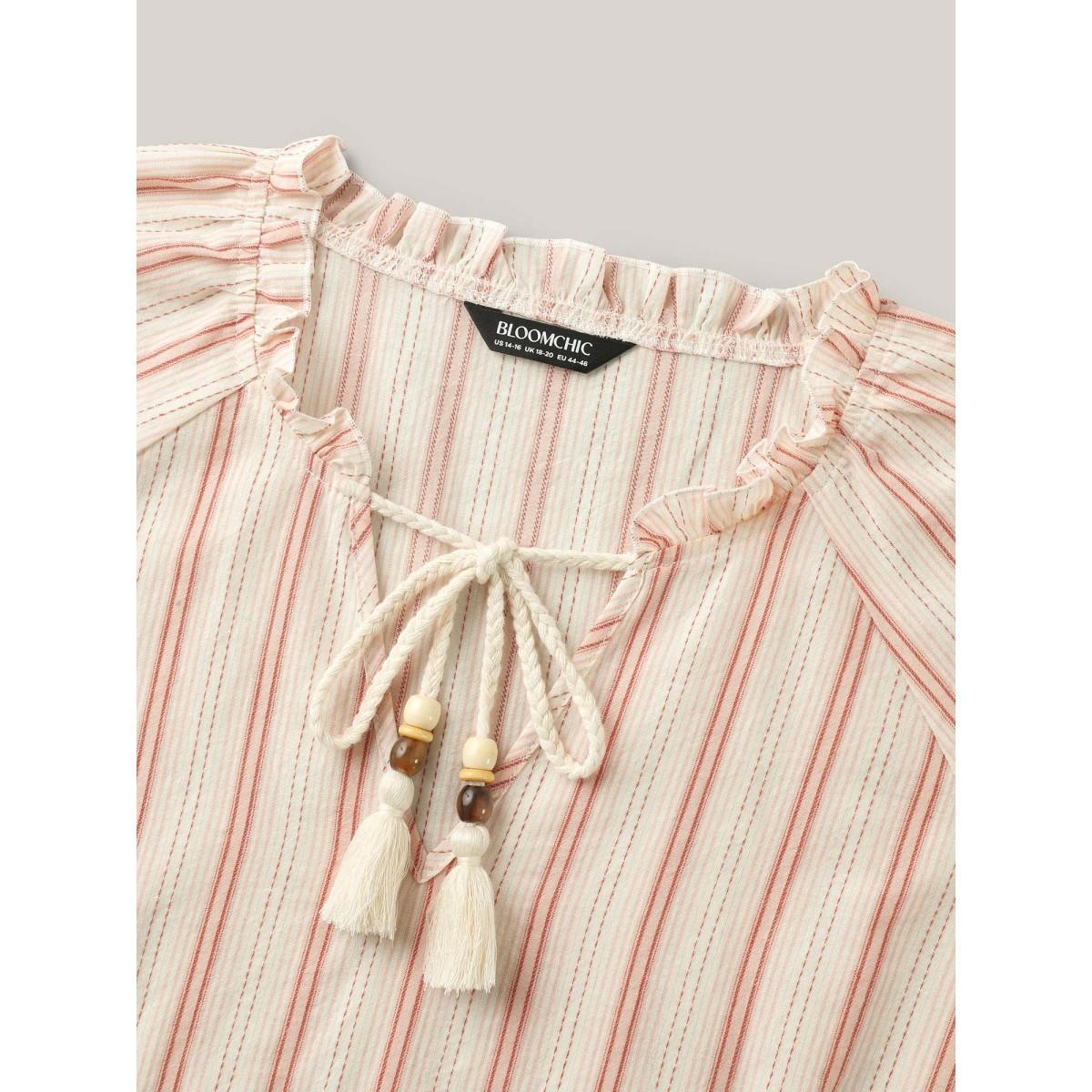 Plus Size Salmon Cotton Stripes Print Neck Tassels Flowy Blouse Women Short sleeve Notched collar Vacation Blouses BloomChic 22-24/3X Product Image