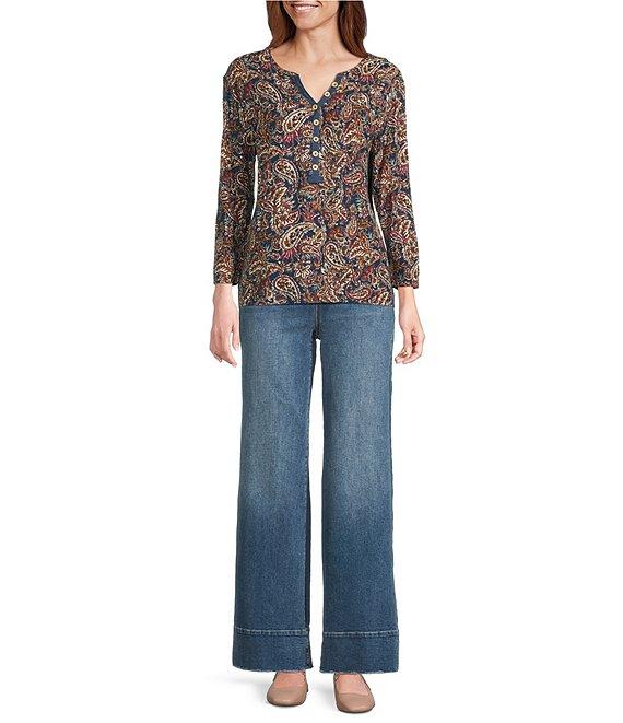 Westbound Knit Dark Denim Vibe Paisley 3/4 Sleeve Henley Top Product Image