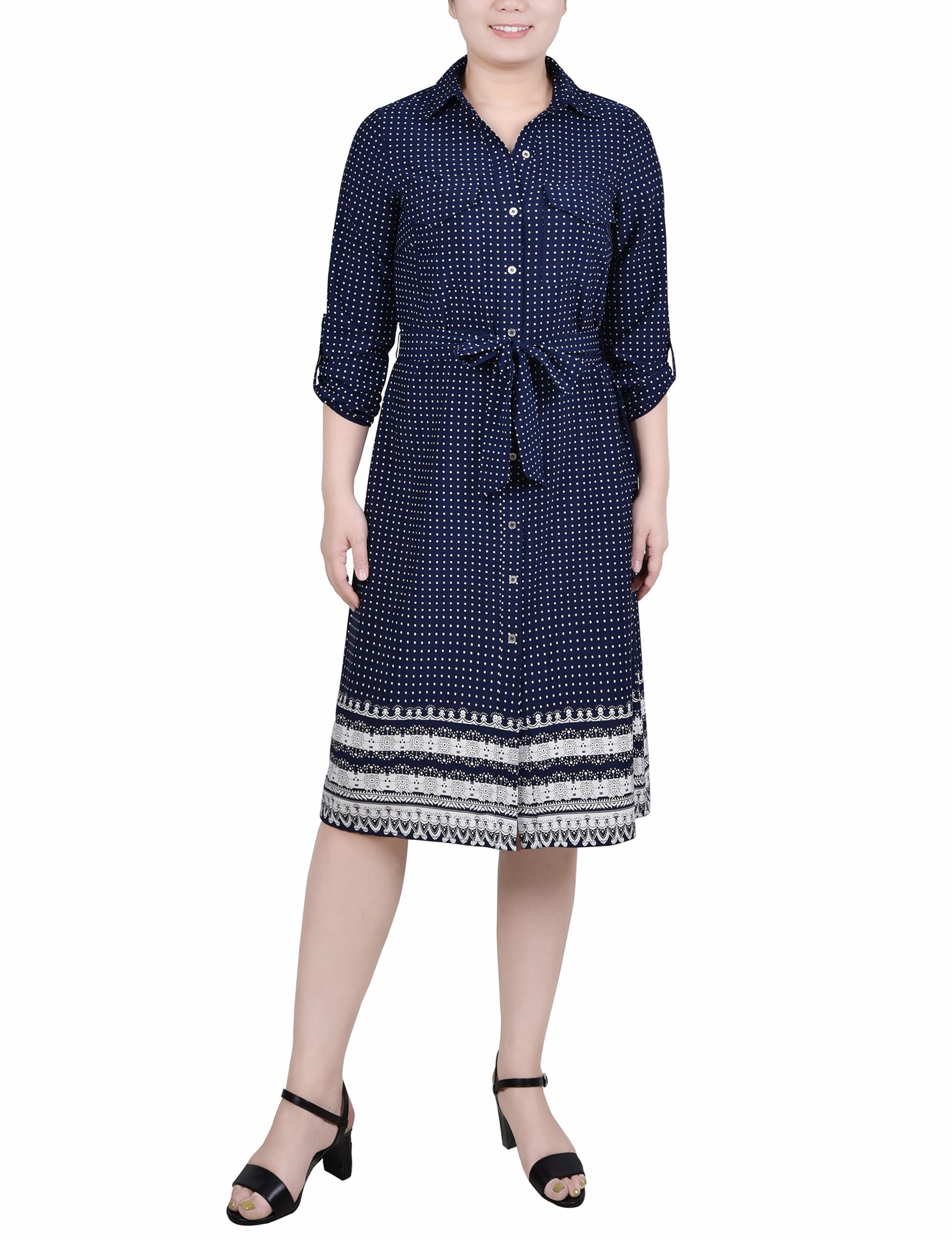 Cypress Inca Gold Navy Zigzag 3/4 Roll Tab Sleeve Belted Shirtdress - Petite Product Image