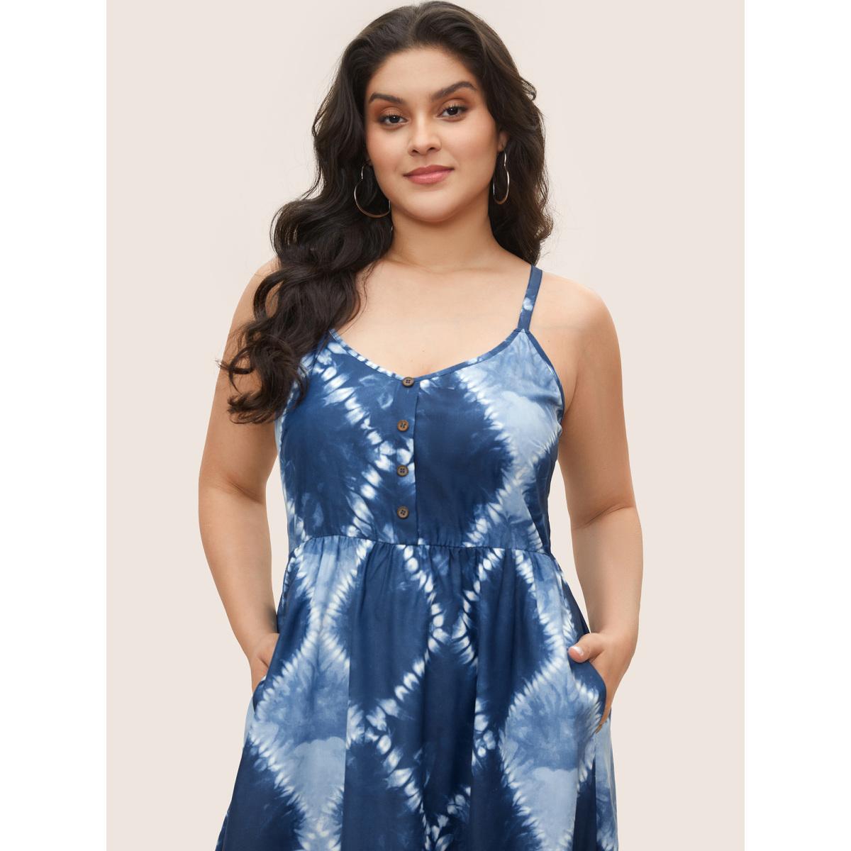 Plus Size Tie Dye Button Detail Cami Dress DarkBlue Women Casual Non Sleeveless Curvy Midi Dress BloomChic 30/6X Product Image
