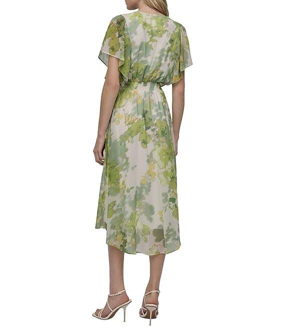 DKNY by Donna Karan Petite Size V-Neck Short Flutter Sleeve Smocked A-Line Midi Dress Product Image