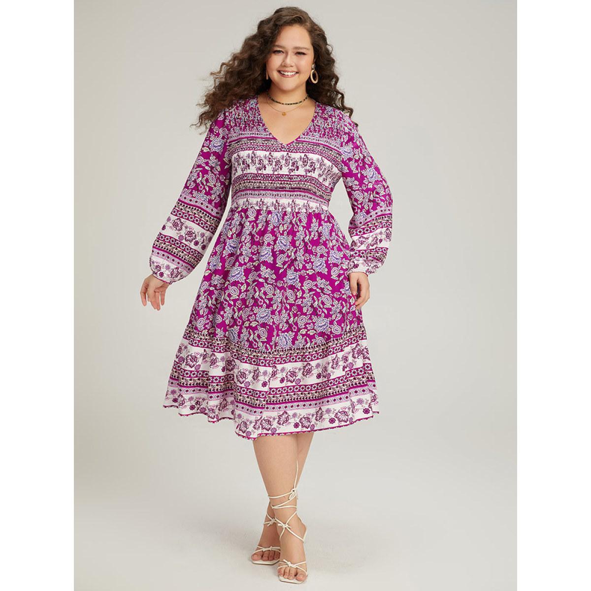 Plus Size Bandana Print Pocket V Neck Shirred Dress Purple Women Vacation Elastic cuffs V-neck Long Sleeve Curvy Midi Dress BloomChic 14-16/1X Product Image