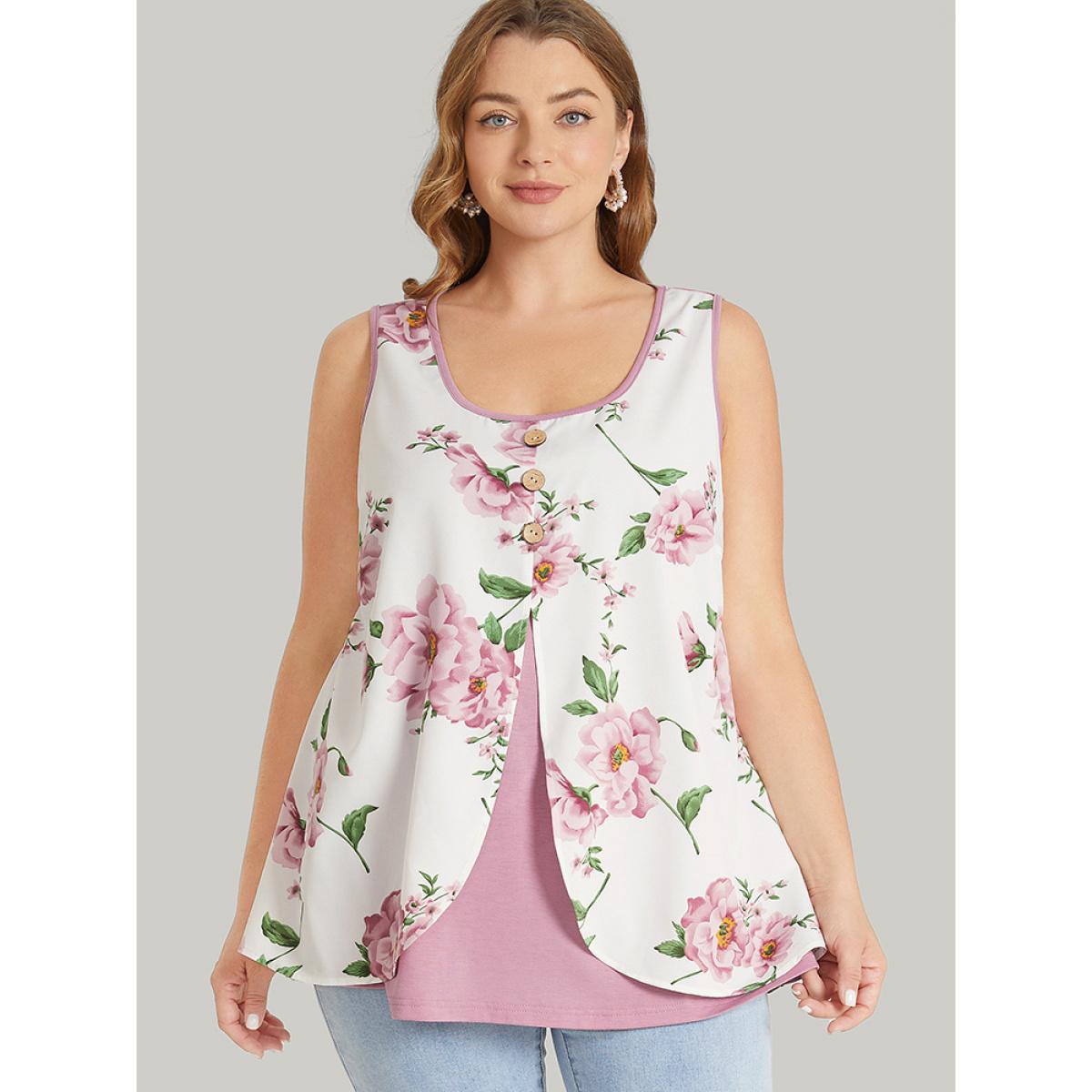 Plus Size Floral Split Front Button Detail 2-In-1 Tank Top Women Rouge Elegant Button Round Neck Dailywear Tank Tops Camis BloomChic 10/M Product Image