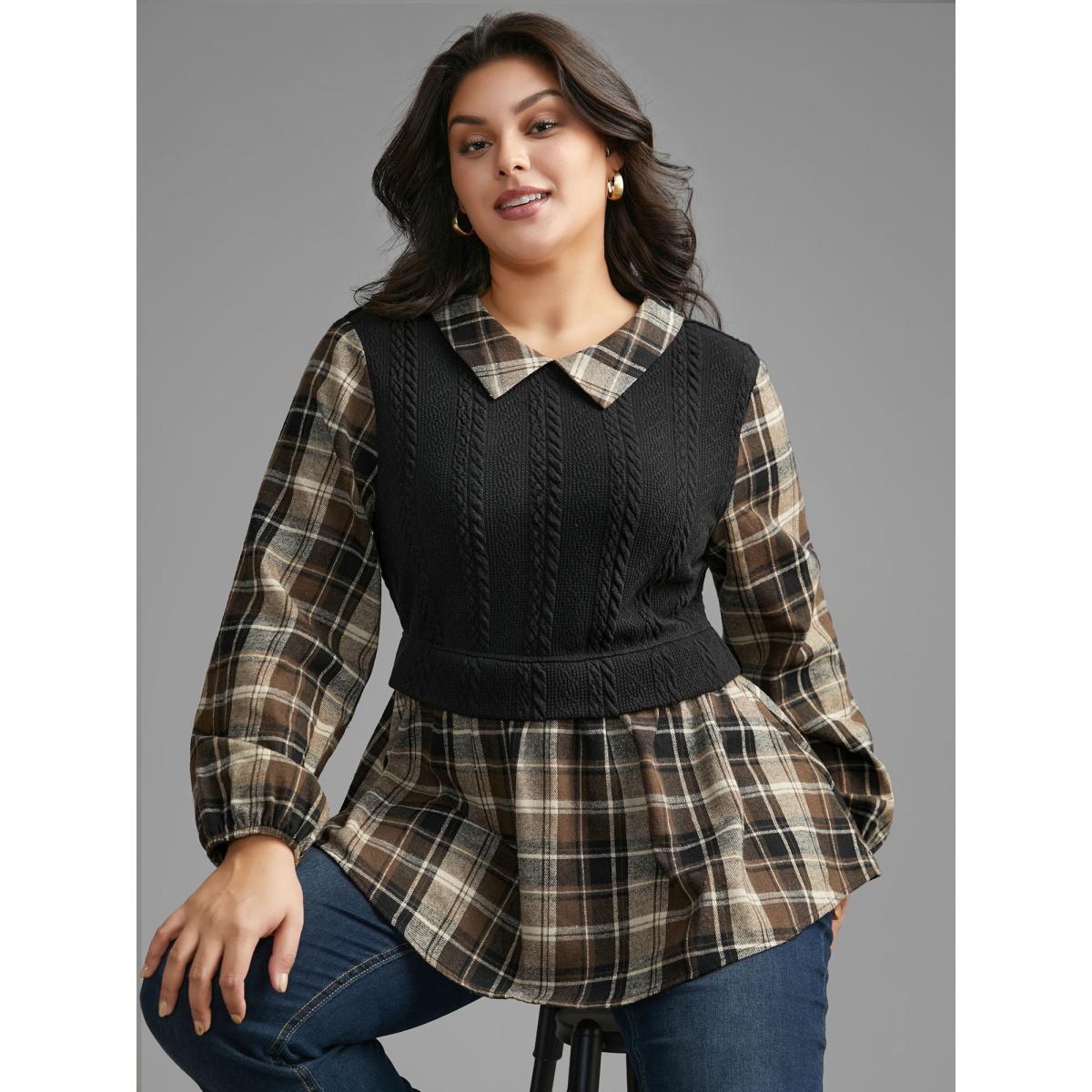 Plus Size DarkBrown Plaid Patchwork Texture Lantern Sleeve Blouse Women Elegant Long Sleeve Shirt collar Everyday Blouses BloomChic 22-24/3X Product Image