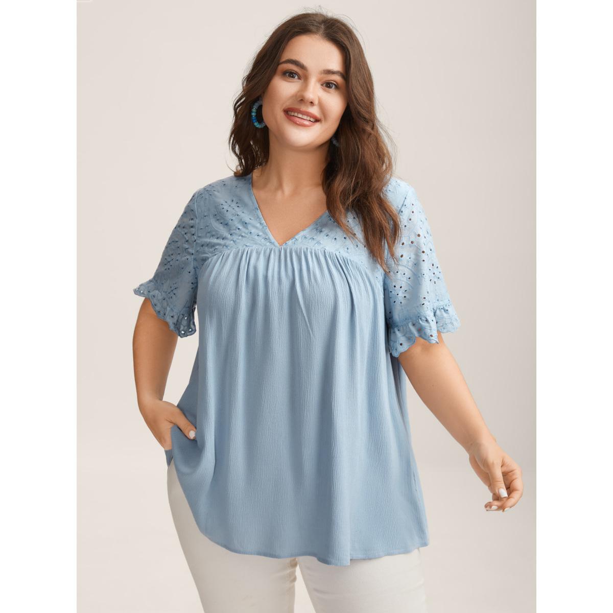 Plus Size LightBlue Rayon Eyelet Flowy Blouse Women Short sleeve V-neck Vacation Blouses BloomChic 18-20/2X Product Image