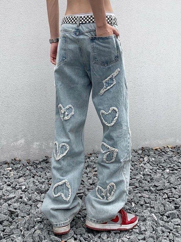 Men's Heart Patch Light Wash Loose Jeans Product Image