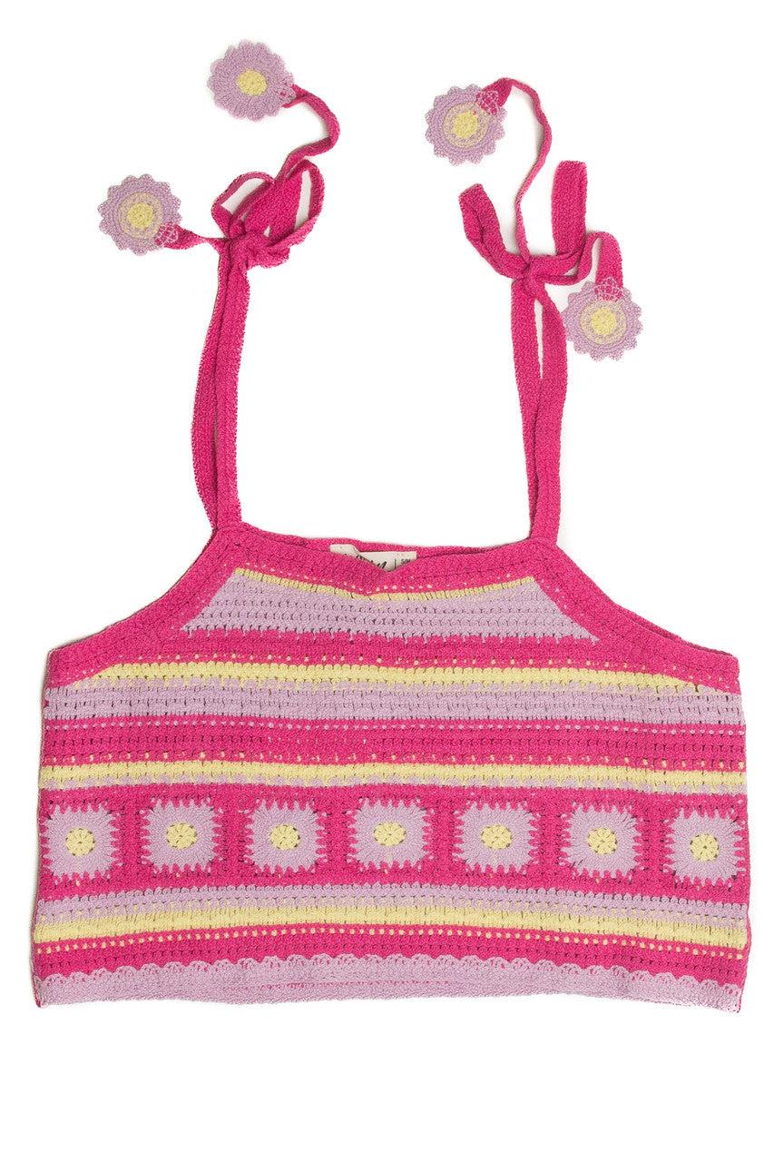 Pink Floral Tie Strap Crochet Tank Product Image