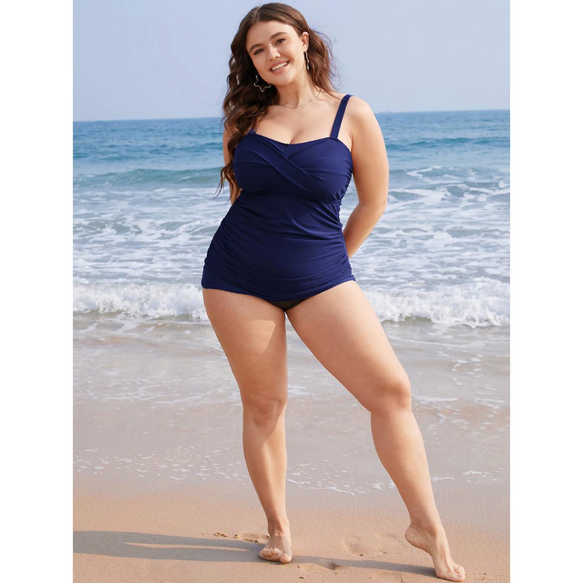 Plus Size Solid Crossover Gathered Adjustable Straps Tankini Top Women's Swimwear Indigo Vacation Adjustable Straps High stretch Skinny Spaghetti Strap Curve Swim Tops BloomChic 18-20/2X Product Image