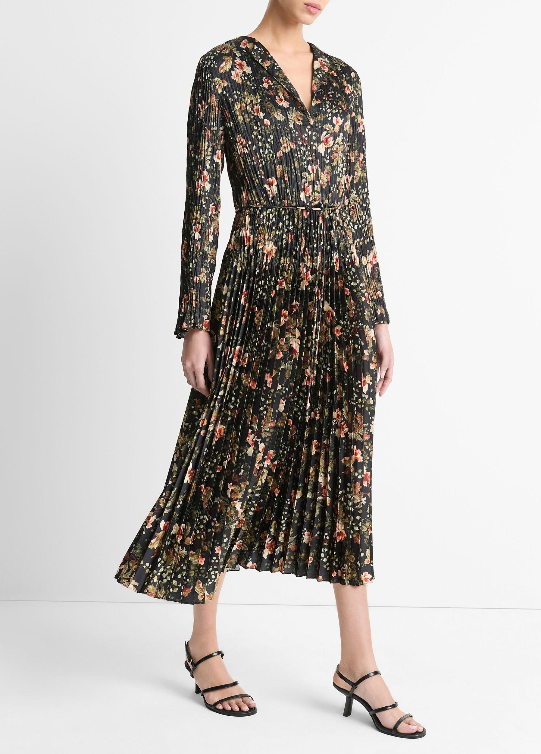 Orchid Vine Pleated Satin Long-Sleeve Dress Product Image