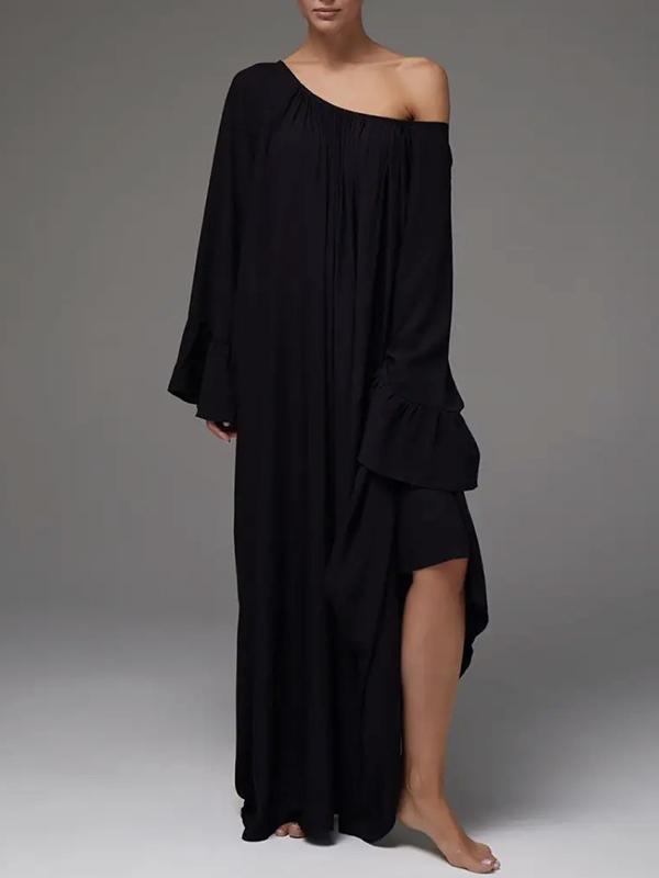 Flared Sleeves Loose Pleated Solid Color Split-Joint Round-Neck Maxi Dresses Product Image