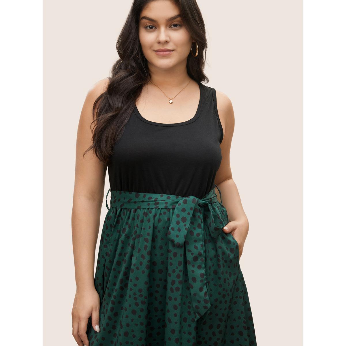 Plus Size Scoop Neck Leopard Patchwork Belted Dress Cyan Women Casual Non Sleeveless Curvy Midi Dress BloomChic 18-20/2X Product Image