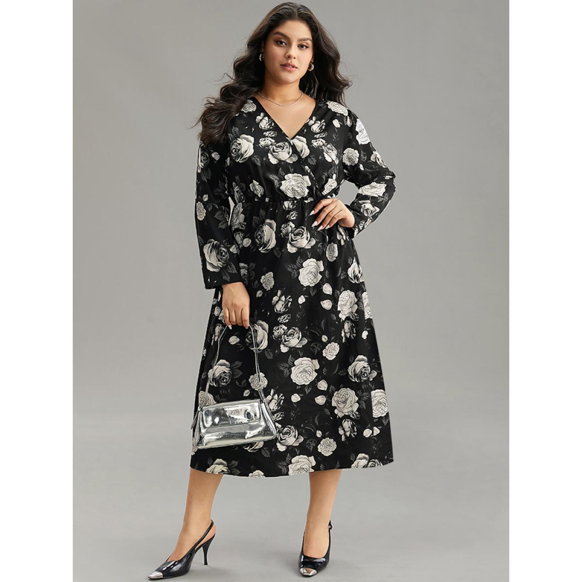 Plus Size Floral Print Pocket Elastic Waist Wrap Dress Black Women At the Office Wrap Overlap Collar Long Sleeve Curvy Midi Dress BloomChic 12/L Product Image