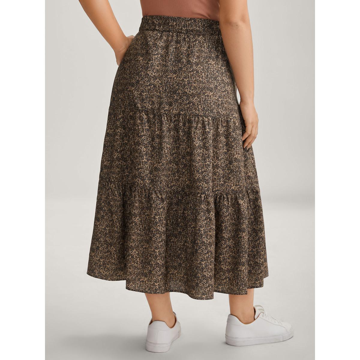 Plus Size Leopard Print Tiered Midi Skirt Women DarkBrown Bodycon High stretch Side seam pocket Casual Skirts BloomChic 12/L Product Image